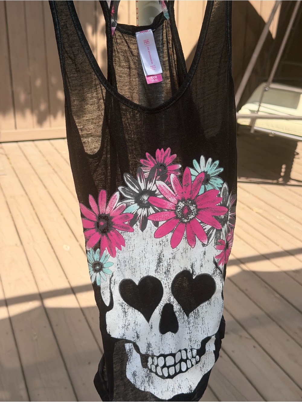 Black Floral Skull Tank Top with Pink Accents and inner top -2 items - Picture 3 of 8